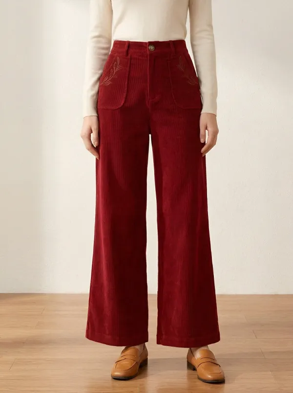 Women's Vintage Style Leaf Embroidery Printed Corduroy Pants