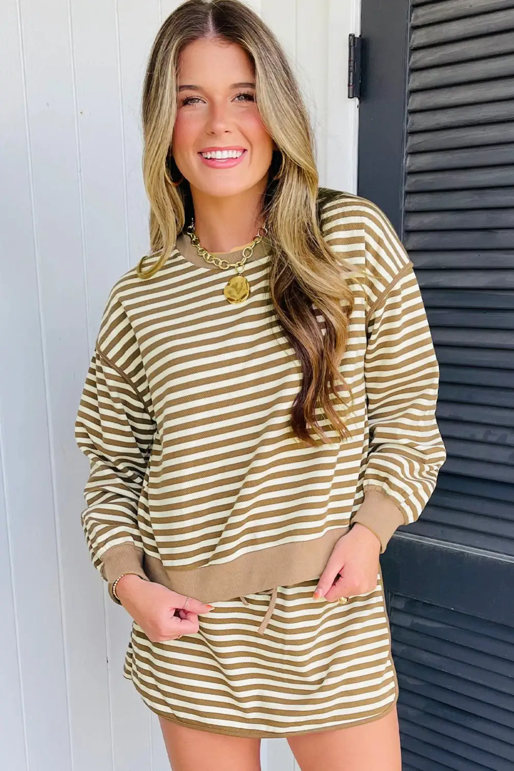 Lightweight Feel Striped Drawstring Drop Shoulder Skirt Set