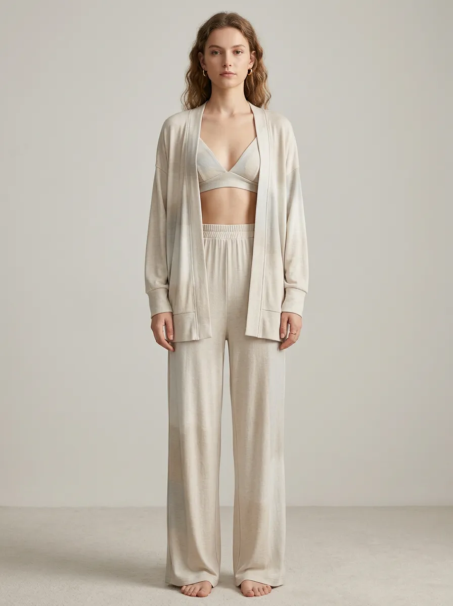 Tie Dye Ribbed Linework Cardigan Lounge Set