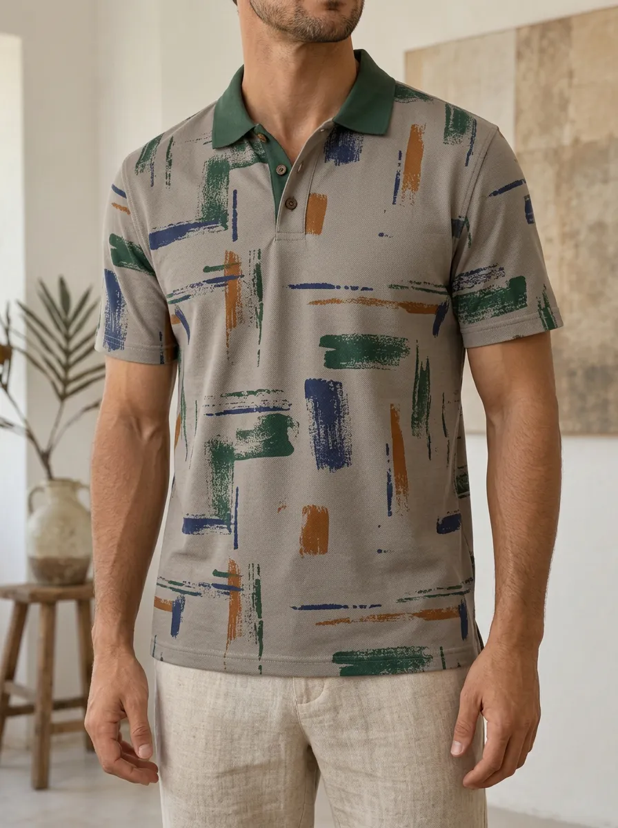 Men's Abstract Brushstroke Pattern Printed Polo Shirt Classic Casual Style