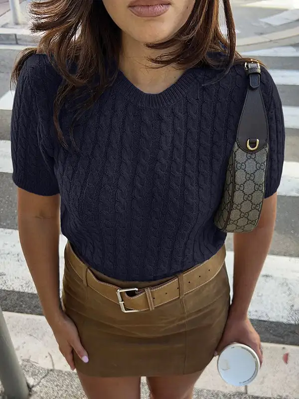 Paneled Round Neck Short Sleeve Pullover Sweater