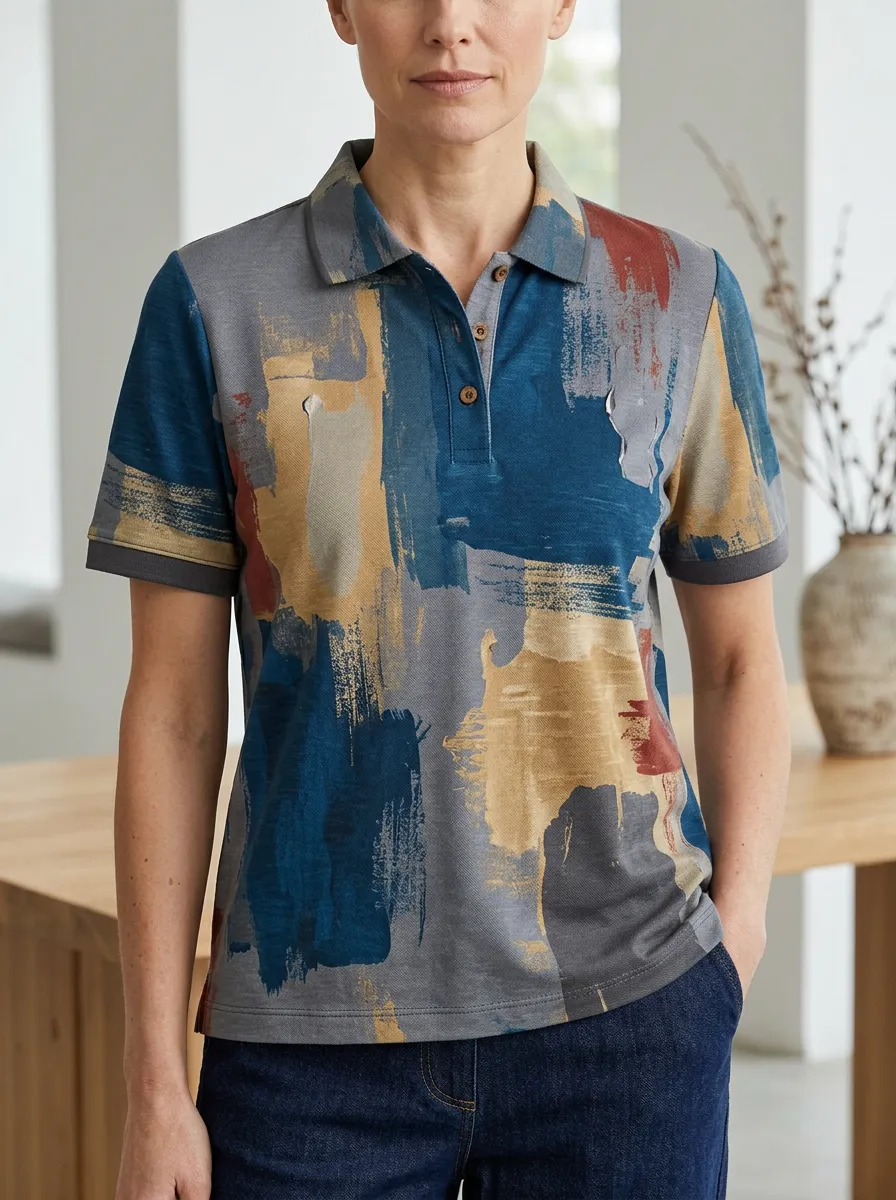 Women's Modern Abstract Brushstroke Art Polo Shirt