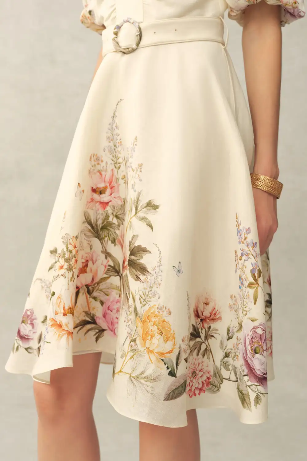 Puff Sleeve Belted Hand-Painted Floral Silk Linen Blend Mini Dress