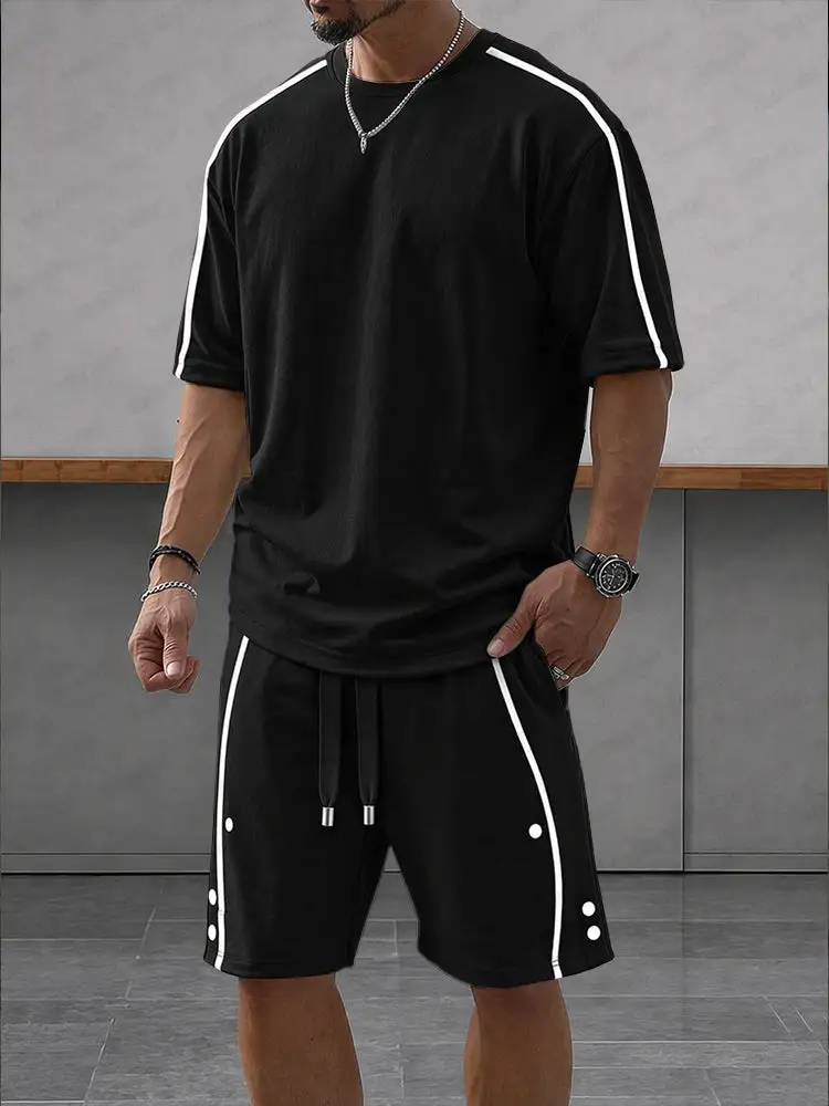 Casual Loose Contrasct Color Line Sports Set