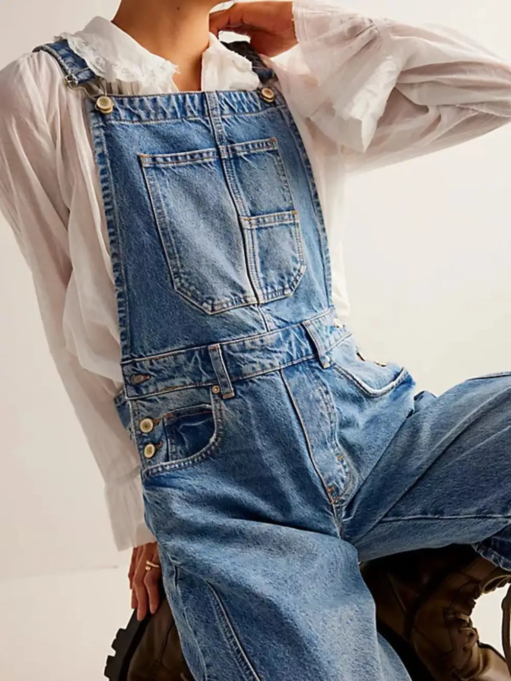 Wide Strap Wide Leg Denim Overalls Full-Length Bib Overalls