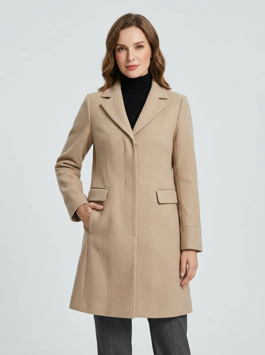 Women's Minimalist Beige Solid Wool Blend Overcoat