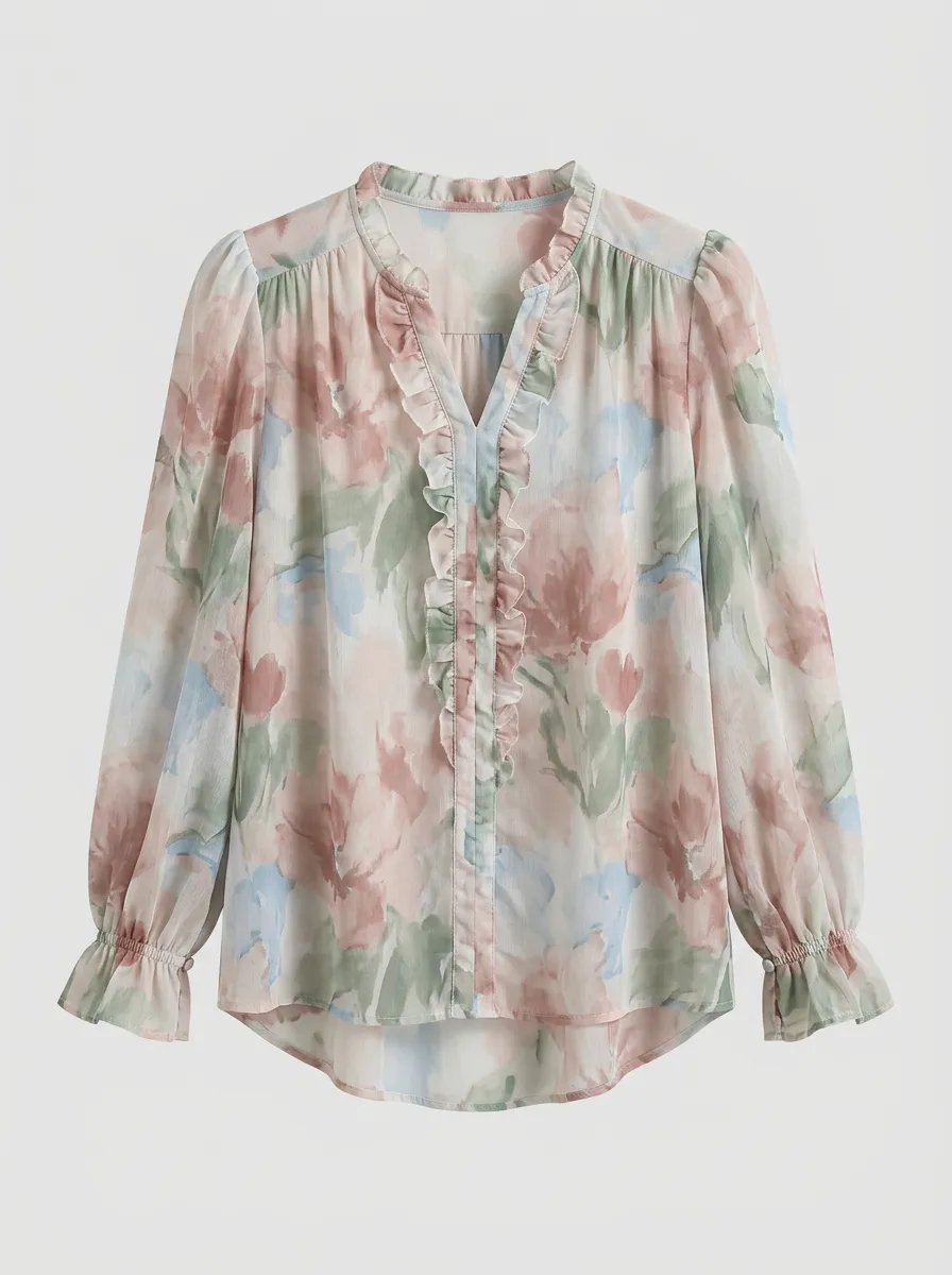 Women's Floral Watercolor Ruffle Trim Printed Blouse