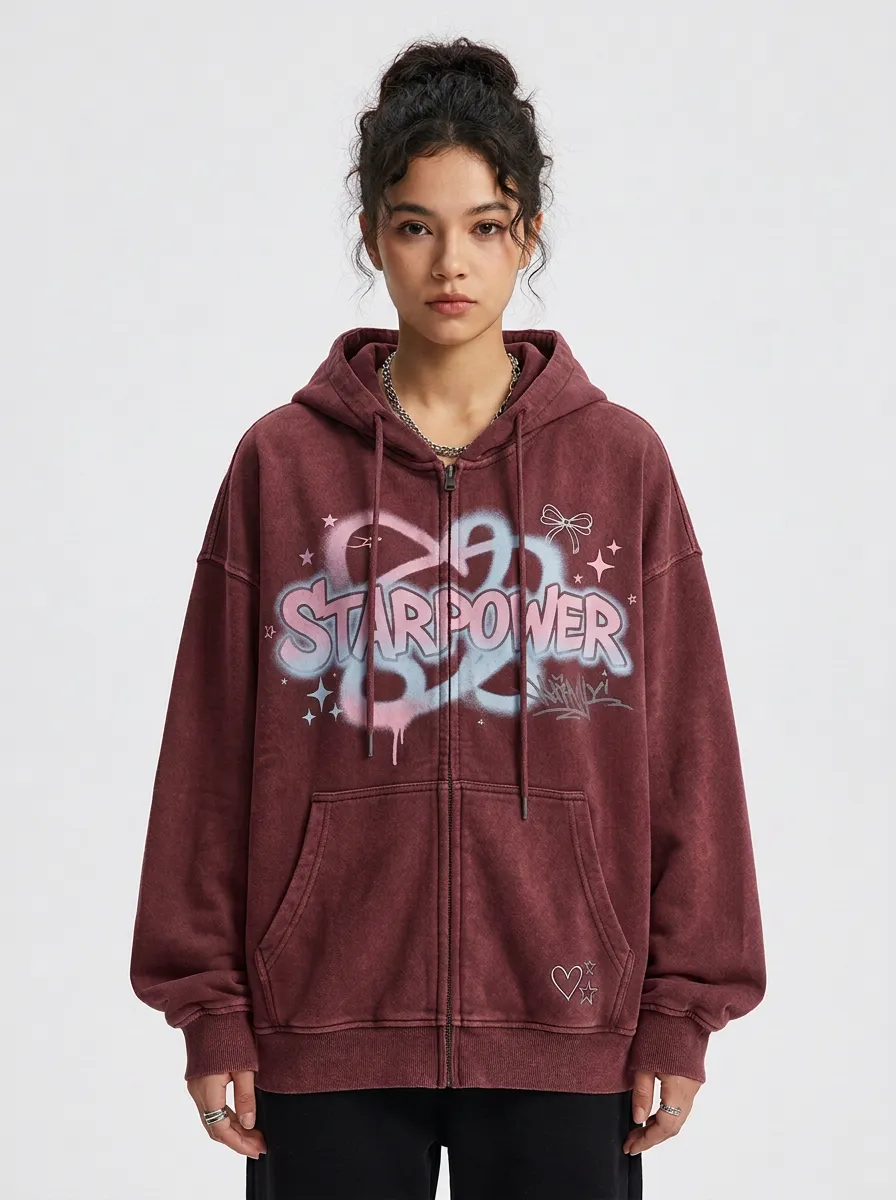 Women's Streetwear Starpower Graffiti Bow Star Printed Zip-up Hoodie