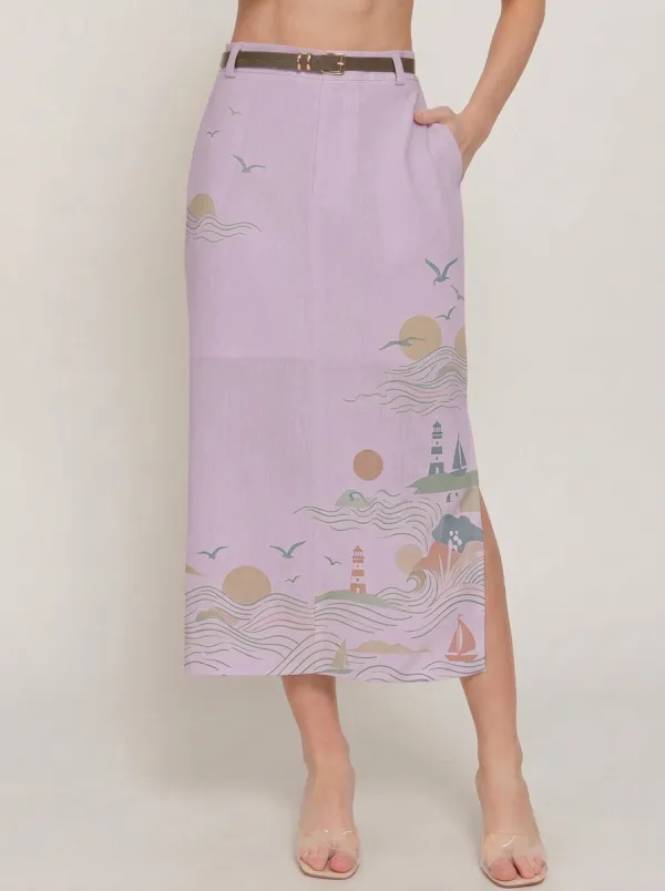 Women's Coastal Nautical Lighthouse Ocean Printed Midi Skirt