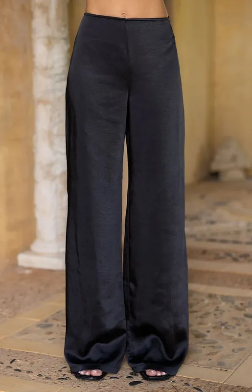Black Satin Straight-Leg Pants