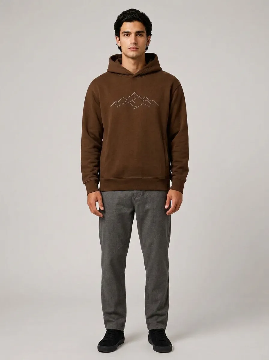 Men's Mountain Line Art Graphic Pullover Kangaroo-Pocket Hoodie