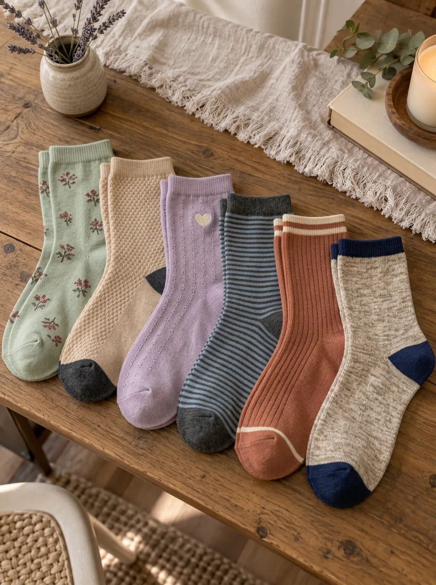 Women's Vintage Floral Heart Striped Printed Crew Socks 6-Pack