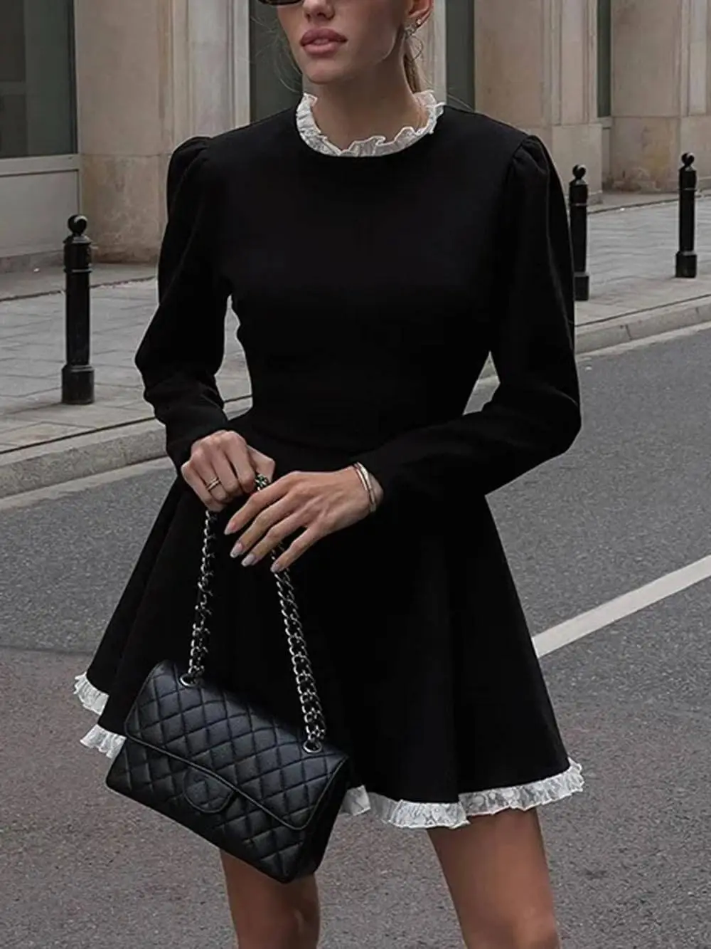 Lace Panel High Waist Long Mini Dress