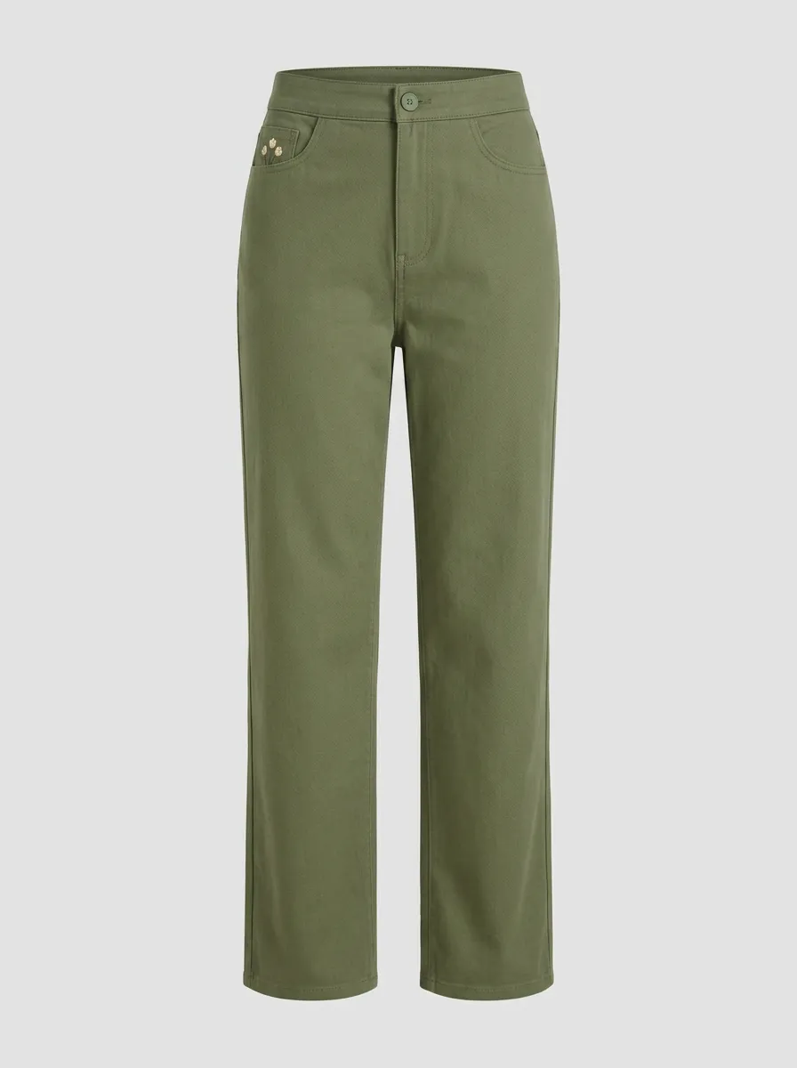 Women's Floral Embroidery Olive Green Mid-Rise Straight Leg Pants