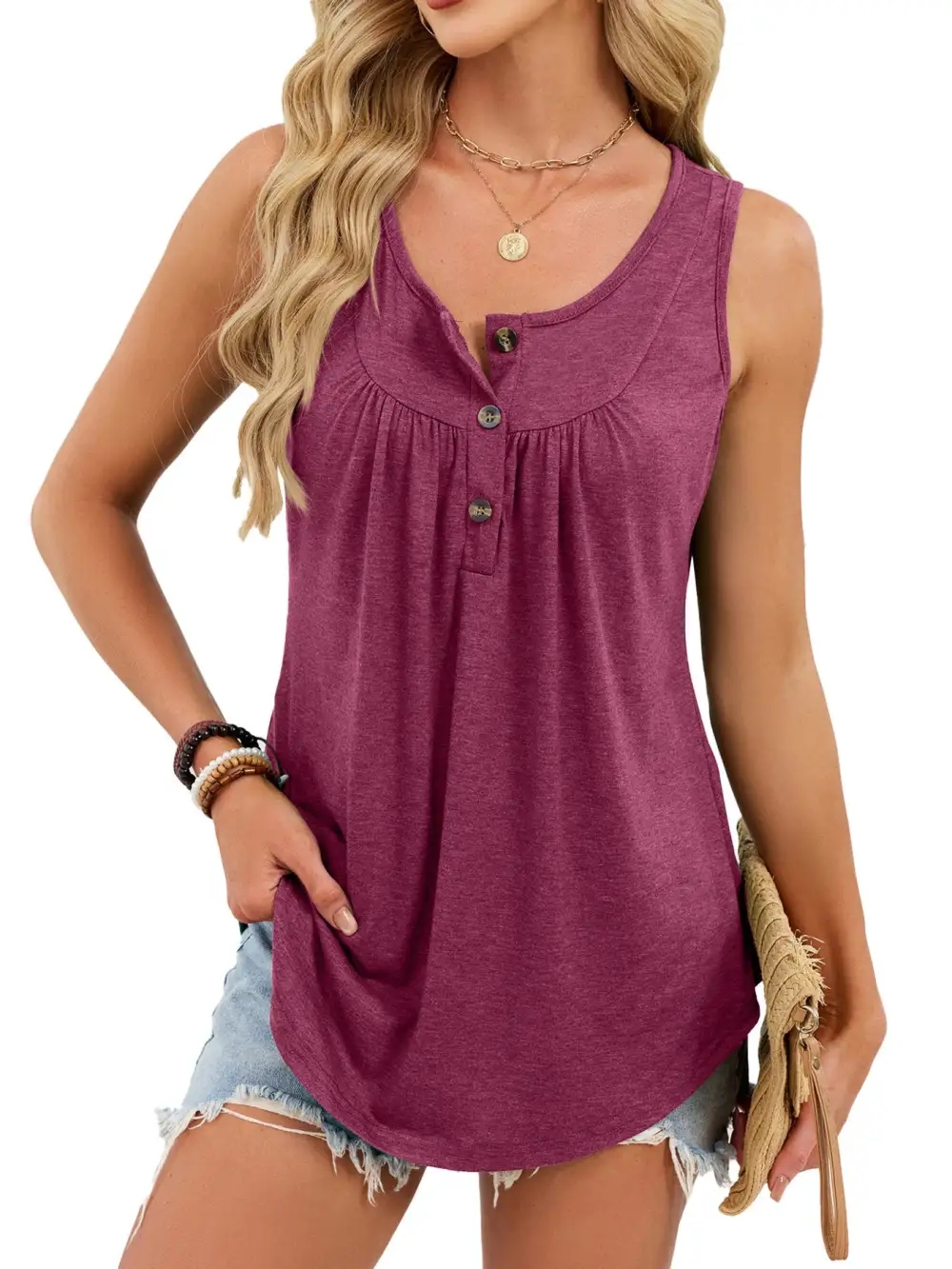Button Detail Round Neck Tank