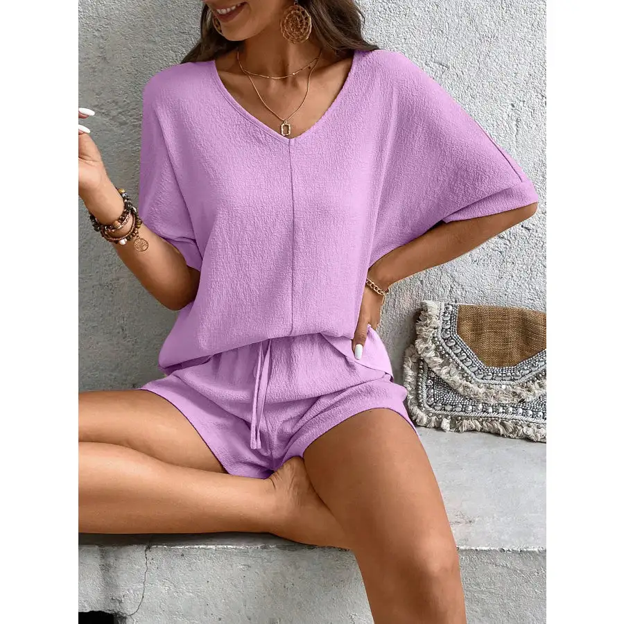 Relaxed Fit V Neck Top and Shorts Two Piece Set