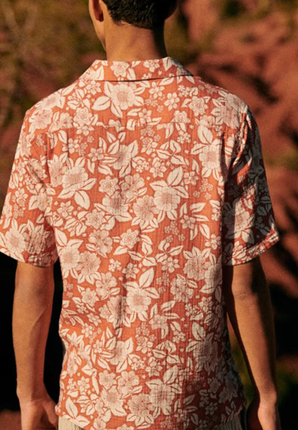 Light Orange Floral Print Short Sleeve Cotton Shirt