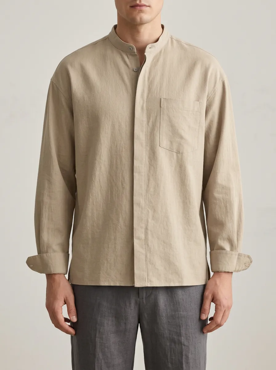 Unisex Beige Shirt with Mandarin Collar Neckline