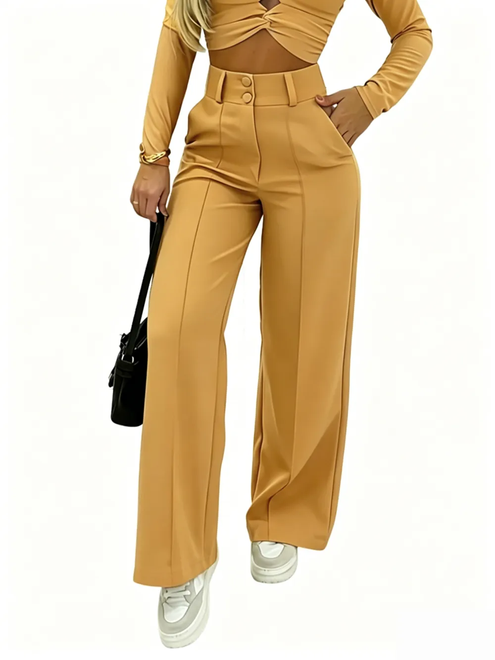 Women's Wide-Leg Pants with Double Button Front Office Trousers