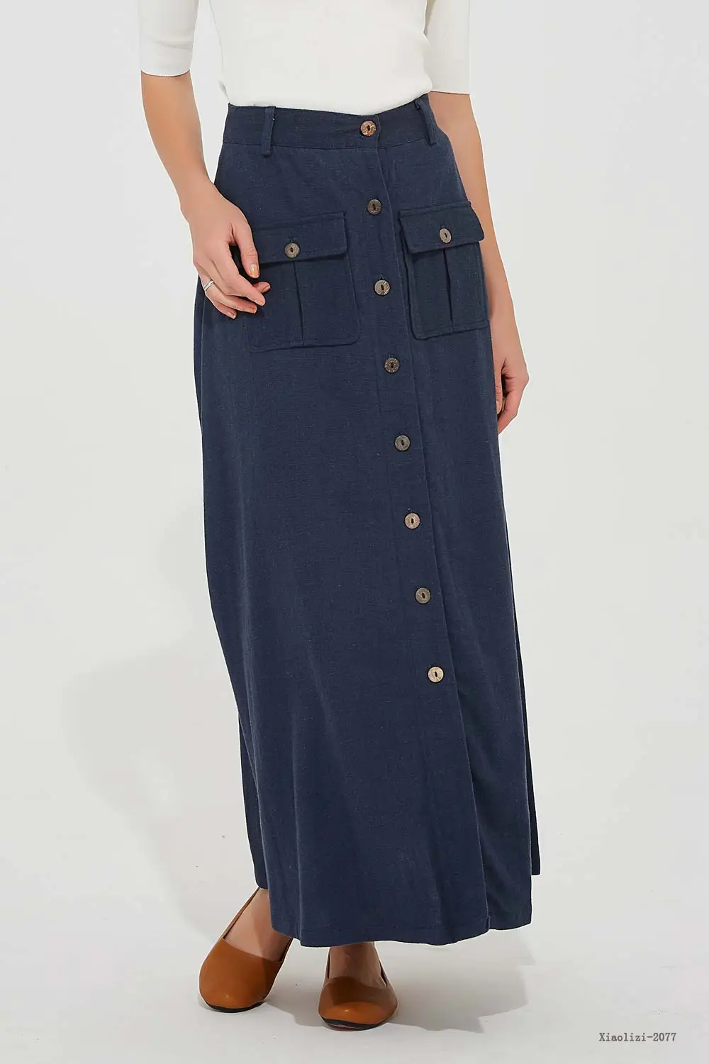 Linen Blend Button Front Maxi Skirt