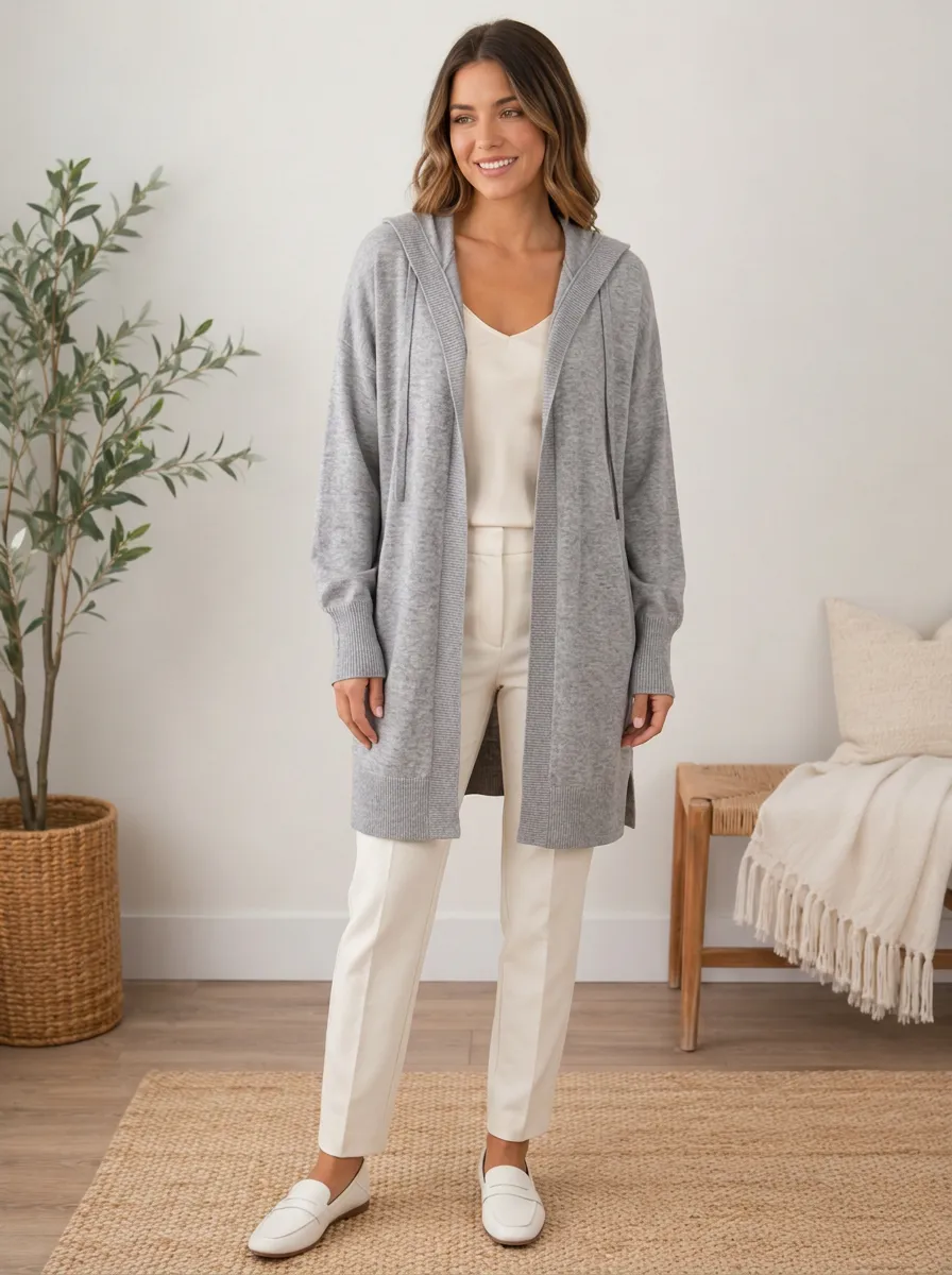 Women's Casual Grey Solid Color Hooded Knit Cardigan