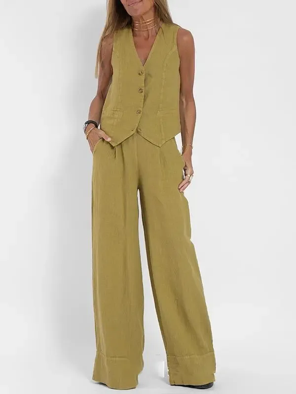 Fashion Vest Pants Collage Patchwork Cotton Hemp Casual Suit