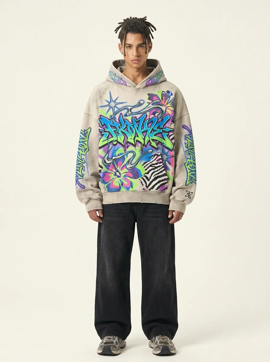 Unisex Streetwear Graffiti Flower Print Oversized Graphic Hoodie