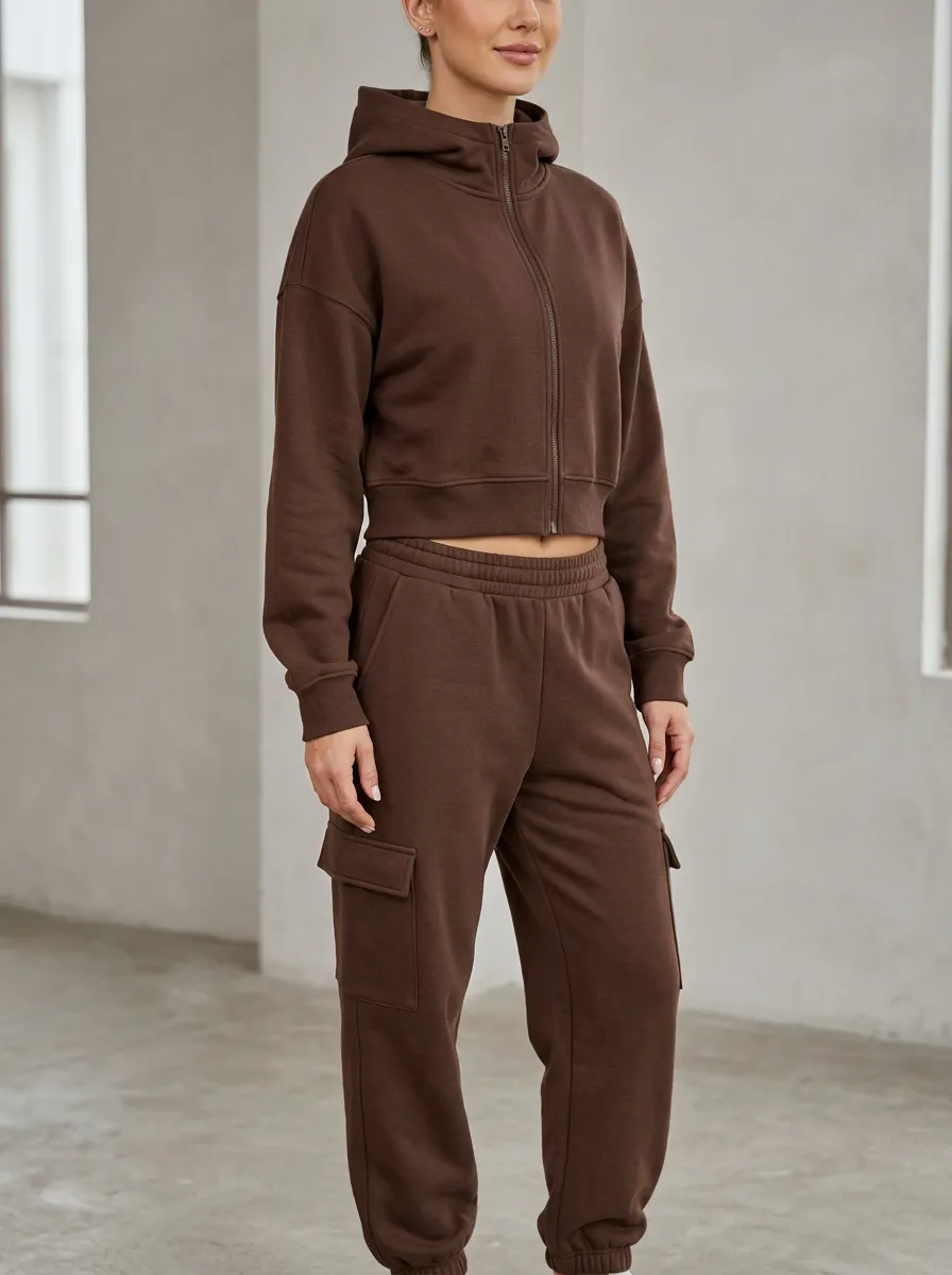 Zip-Up Cargo-Jogger Jogger Sporty Women's Cropped Zip-Up Hoodie Jogger Active Set