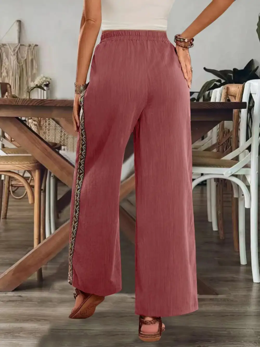 Bohemian Wide-Leg Embroidered Side Stripe Pants