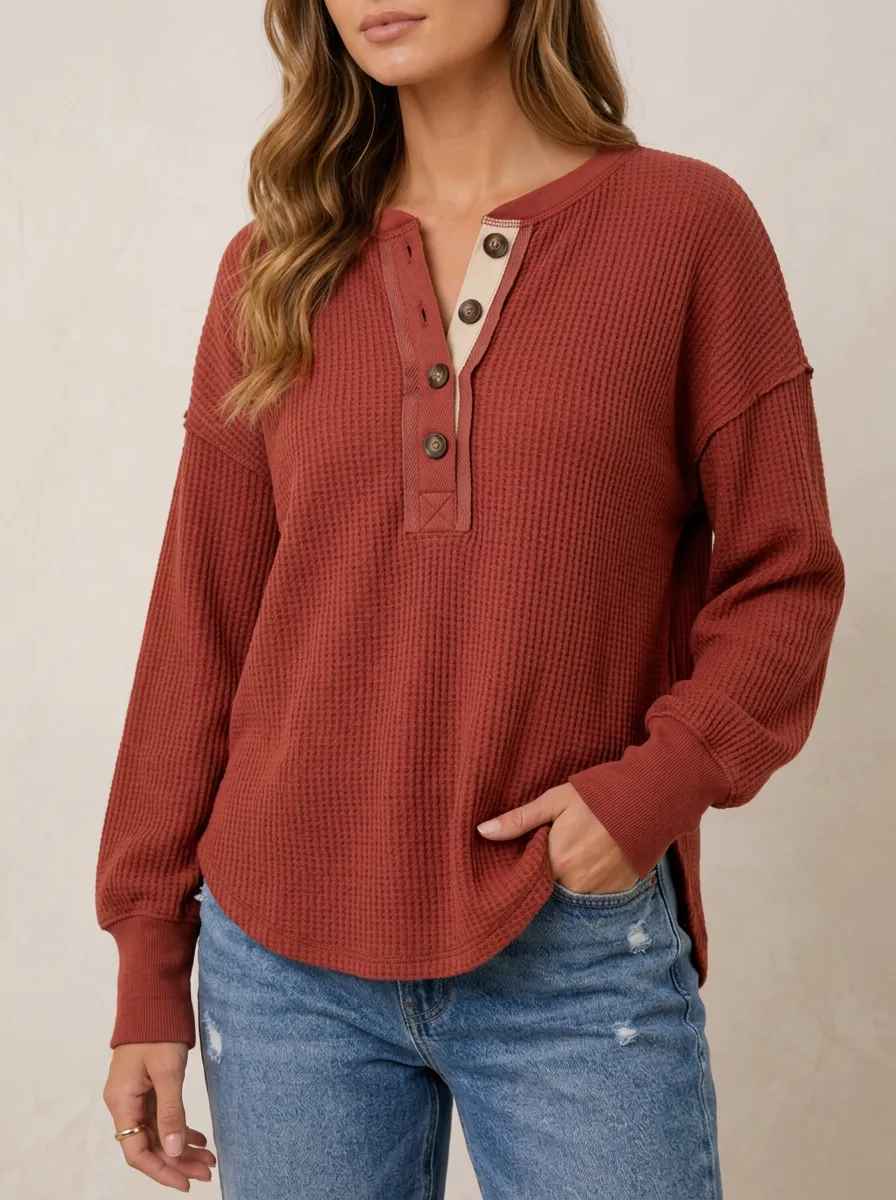 Women's Casual Rust Waffle Knit Button-Down Long Sleeve Top