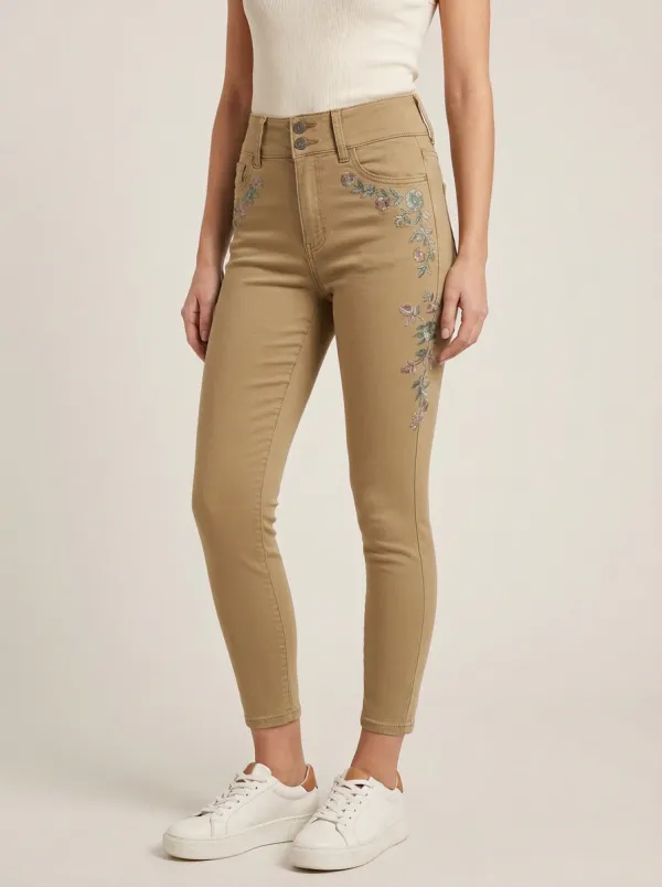 Women's Floral Embroidery High-Waisted Printed Slim Jeans