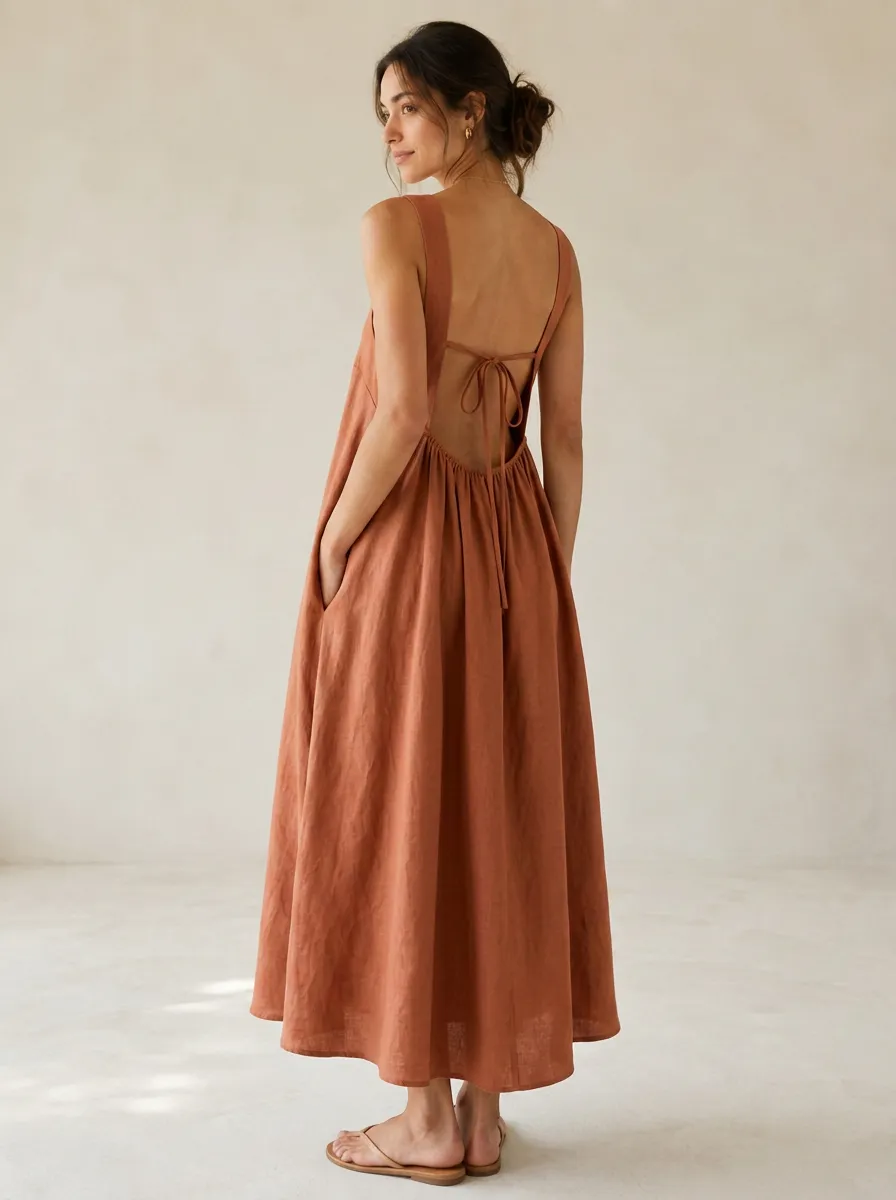 Women's Boho Tie-Strap Linen Backless Dress