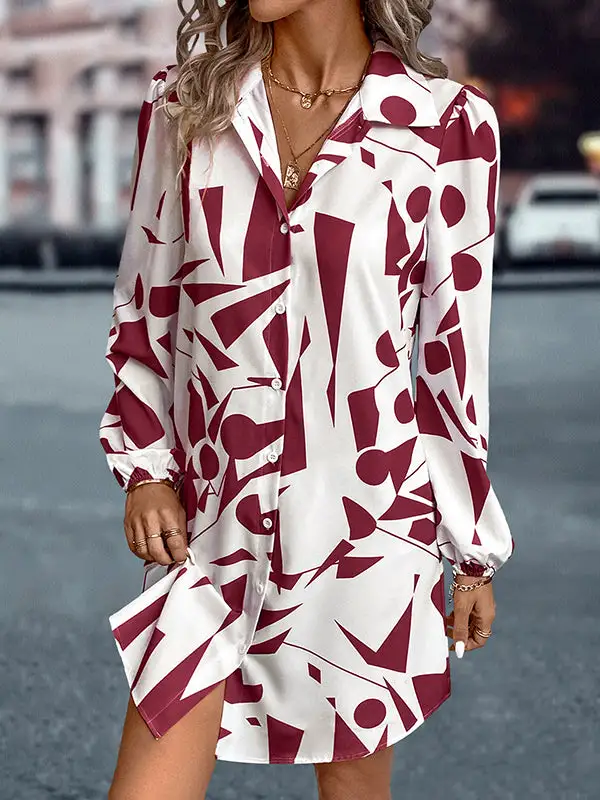 Relaxed Puff Sleeve Printed Split Joint Lapel Mini Dress Shirt Dress