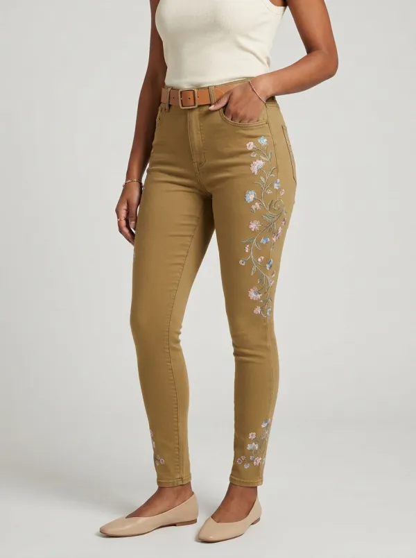 Women's Floral Vintage Blue Embroidered Printed Slim Jeans