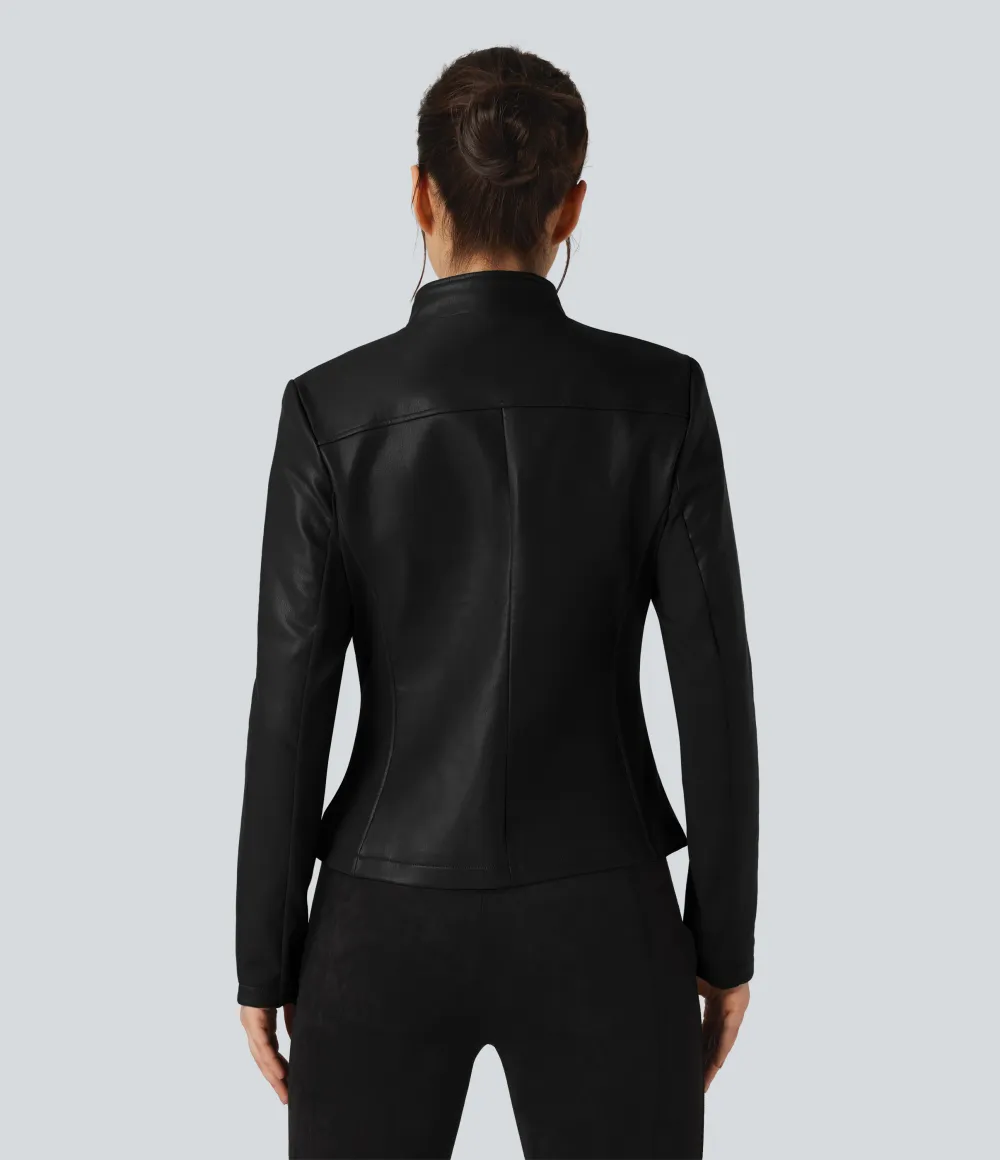 Stand Collar Zipper Long Sleeve Fleece Casual PU Faux Leather Jacket with Pockets