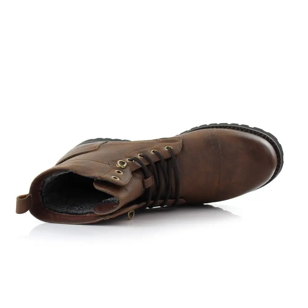 Faux-Leather Lace-Up Buckle-Detail Combat Boots