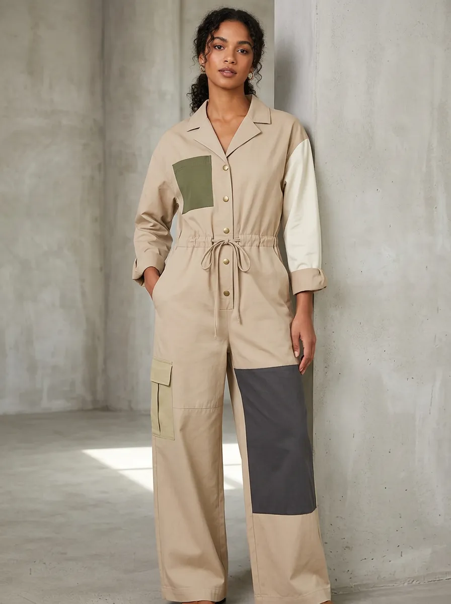Women's Casual Utility Colorblock Patchwork Cotton Jumpsuit