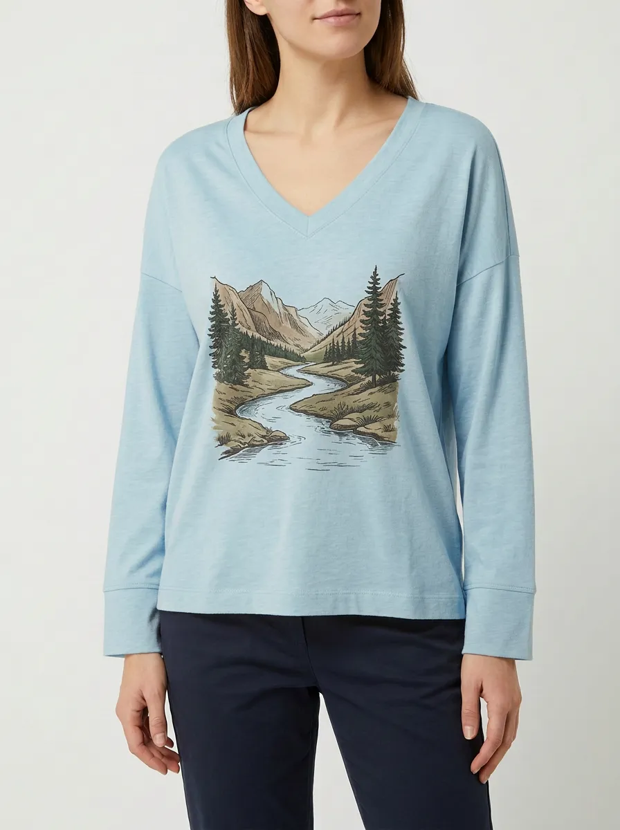 Women's Landscape Graphic V-Neck Long-Sleeve Top