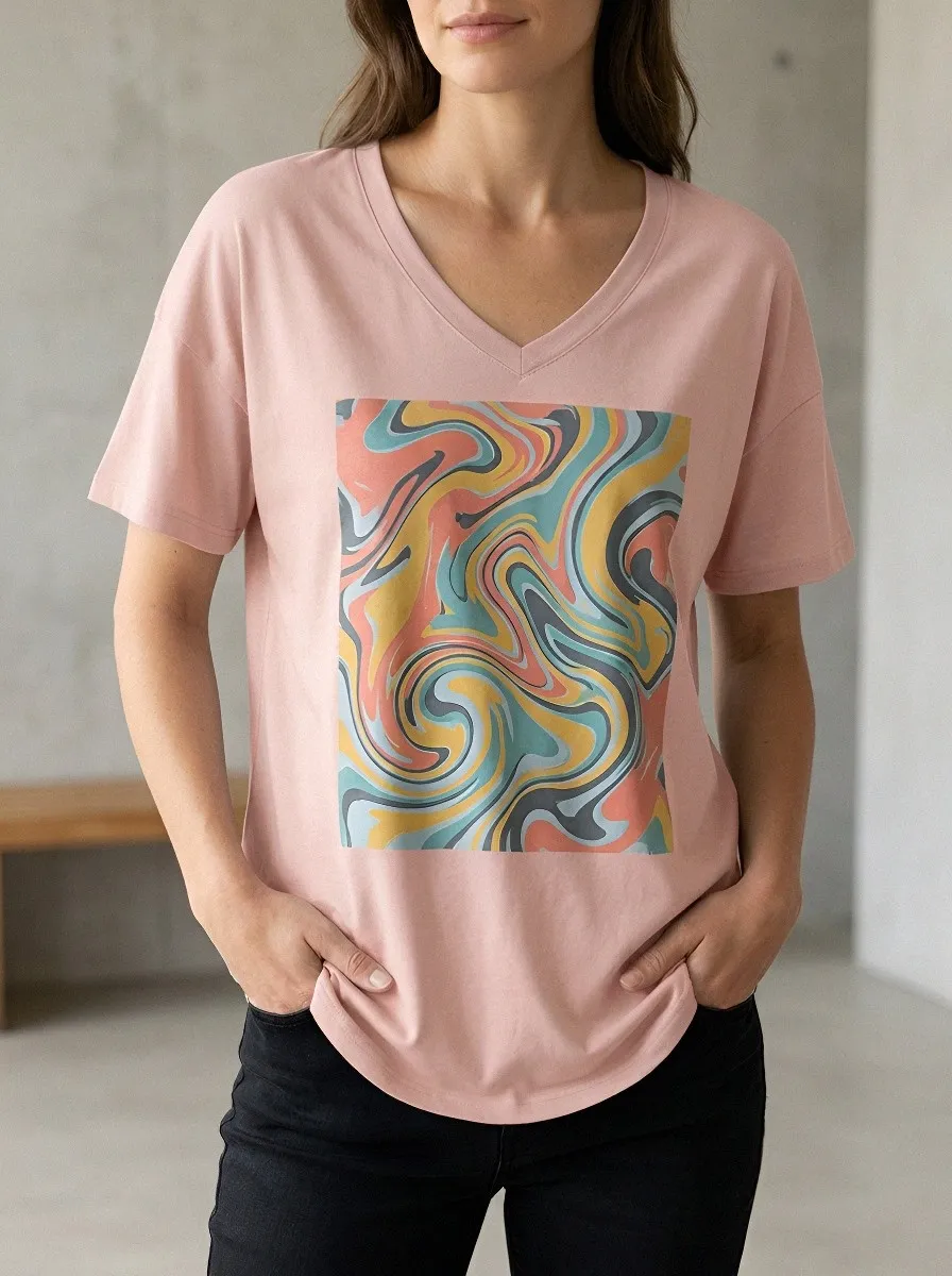 Women's Retro Aesthetic Abstract Swirl Printed V-Neck T-Shirt Modern Pattern