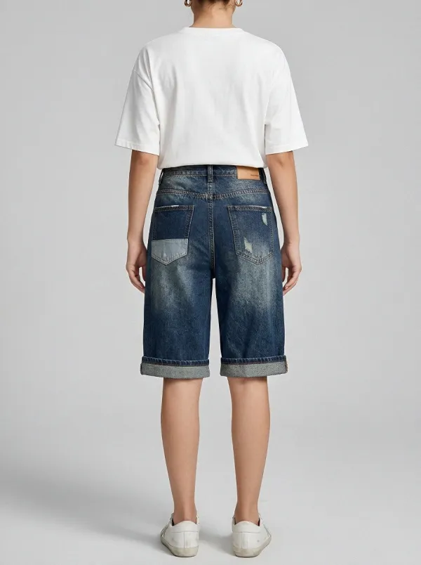 Women's Vintage Distressed Button-Fly Patchwork Denim Shorts