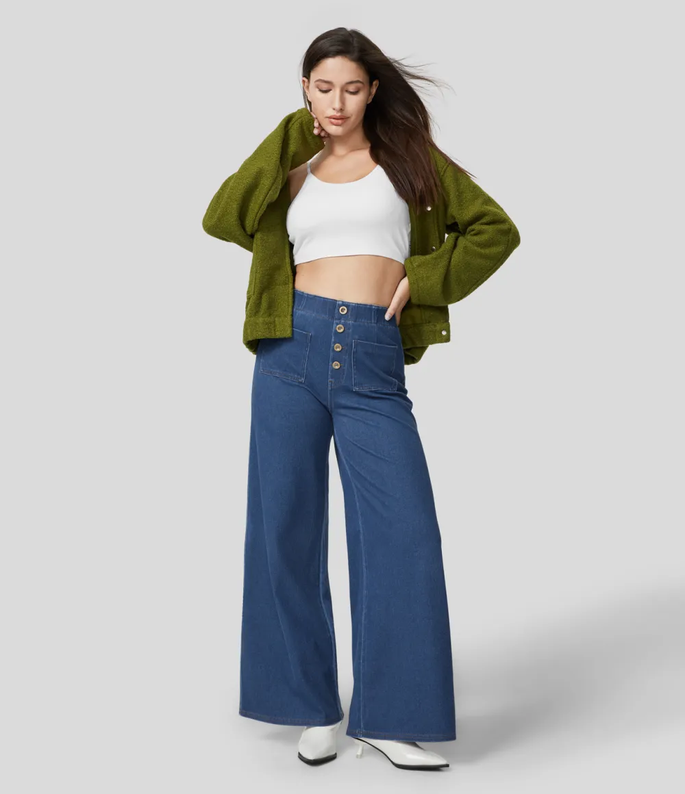 Magic High Waisted Button Multiple Pockets Washed Stretchy Knit Casual Wide Leg Full Length Jeans