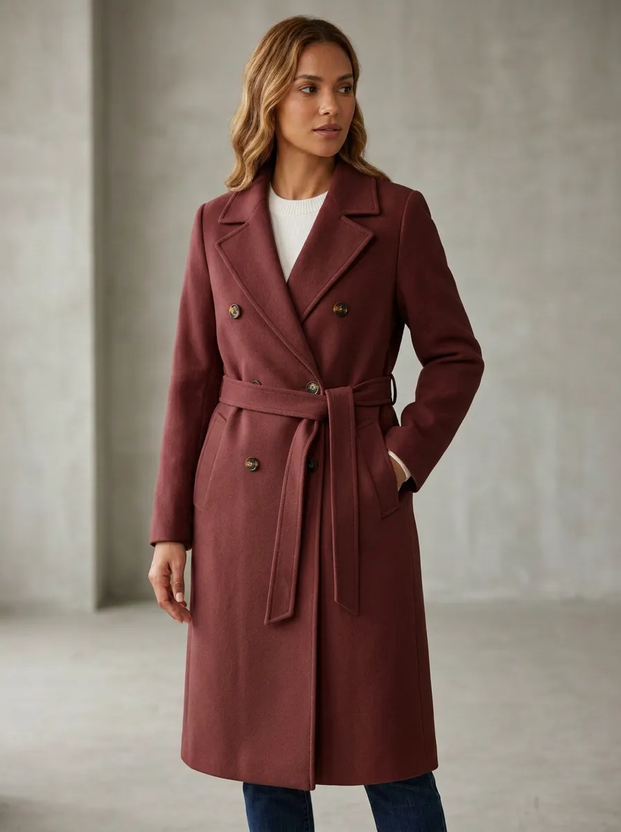 Women's Classic Camel Double-Breasted Belted Wool Blend Coat