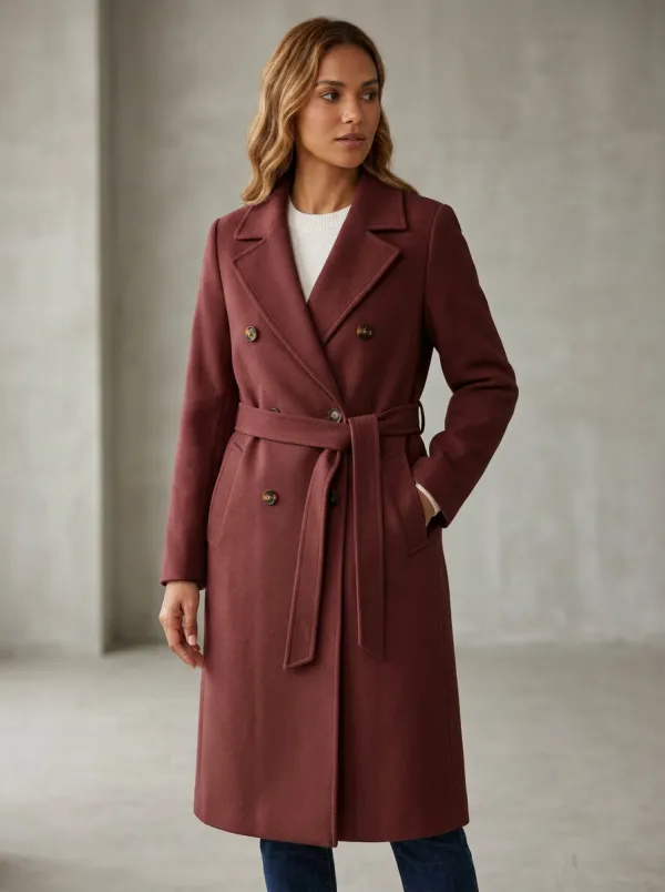 Women's Classic Camel Double-Breasted Belted Wool Blend Coat