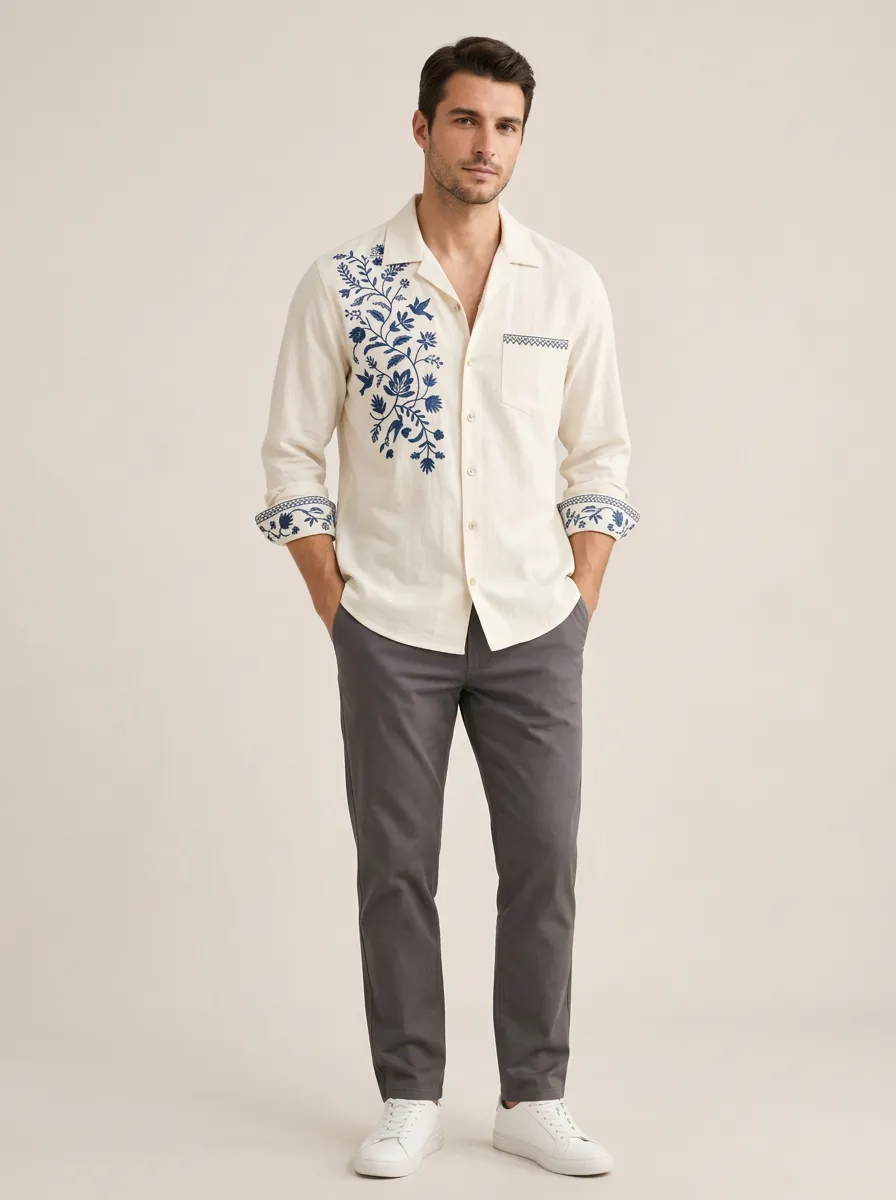 Men's Refined Floral Embroidered Long Sleeve Shirt