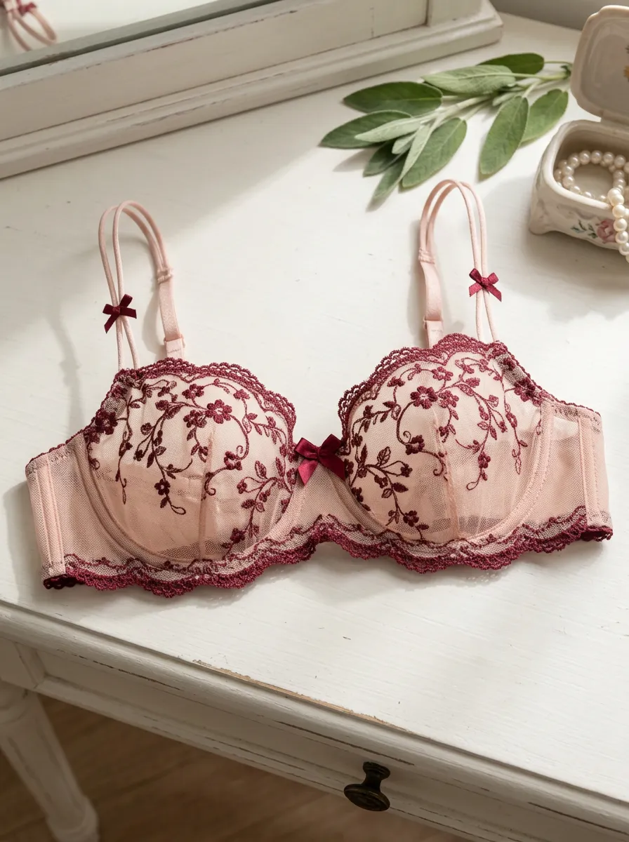 Women's Floral Embroidery Burgundy Lace Trimmed Bra