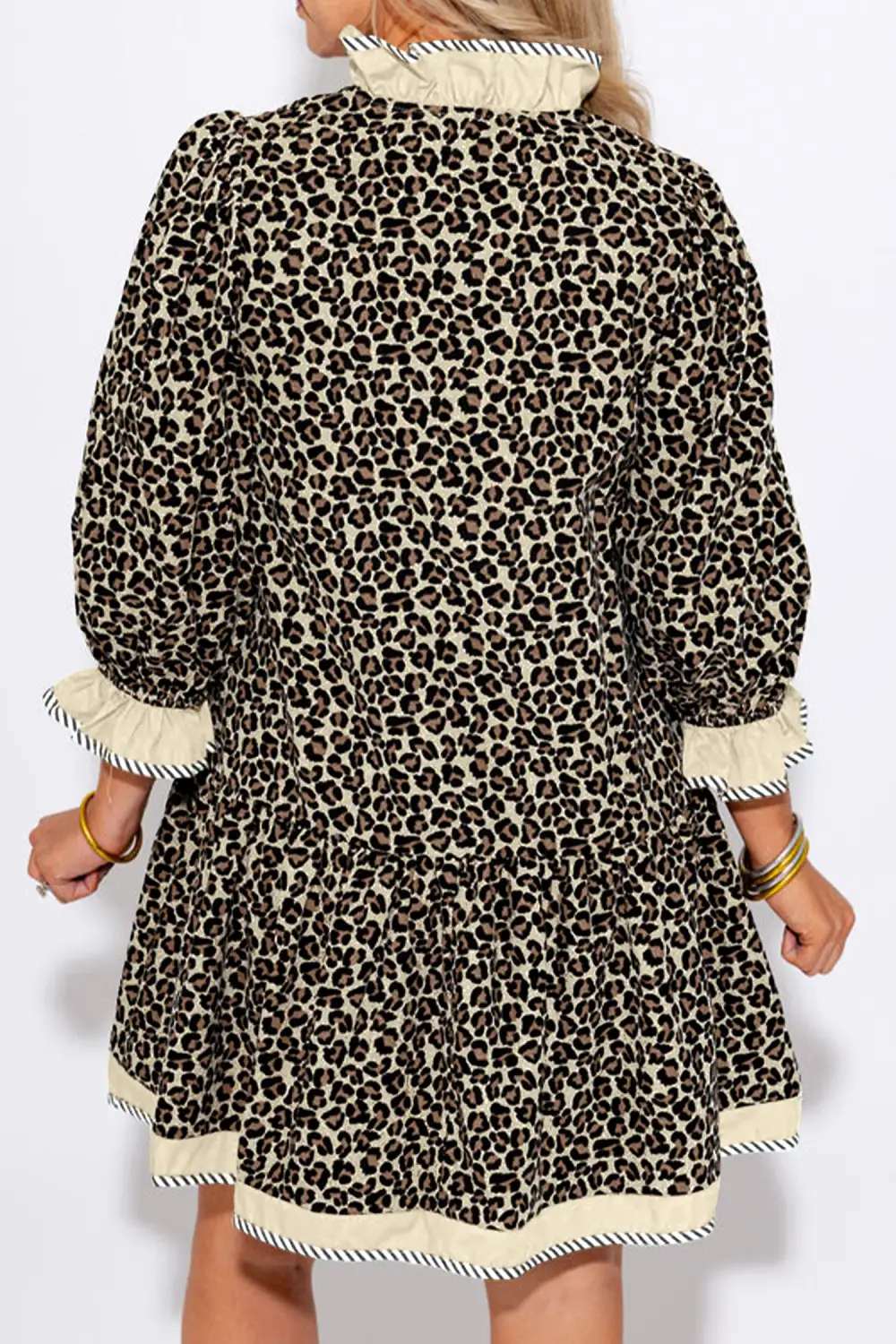 Leopard Print Striped Color Block Trim V Neck Bracelet Sleeve Mini Dress