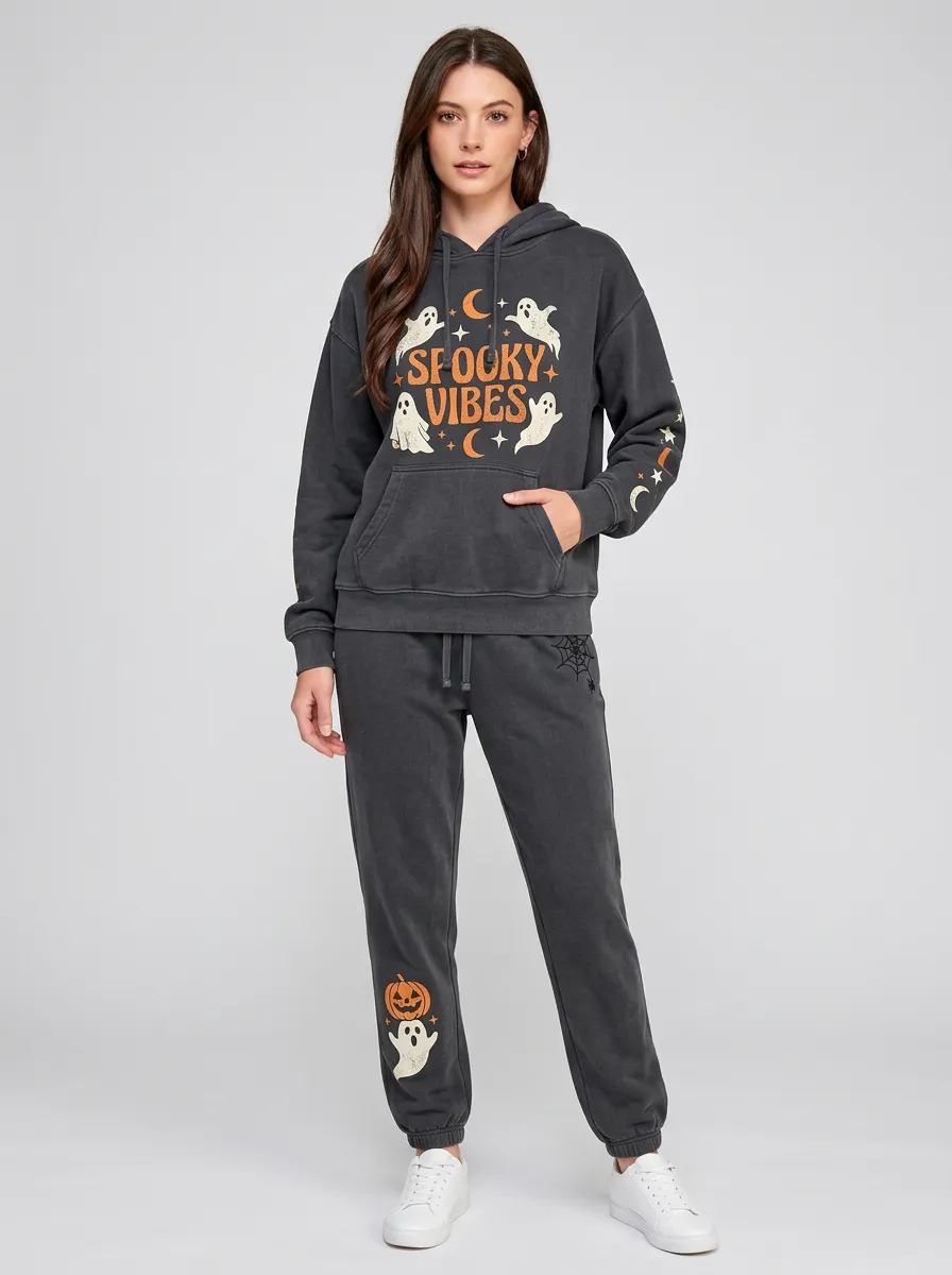 Women's Halloween Spooky Vibes Ghost Pumpkin Printed Jogger Set
