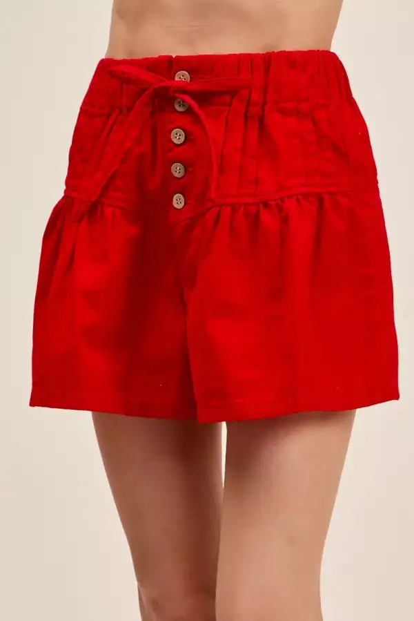 High-Waist Drawstring Ruffled Button-Front Denim Shorts