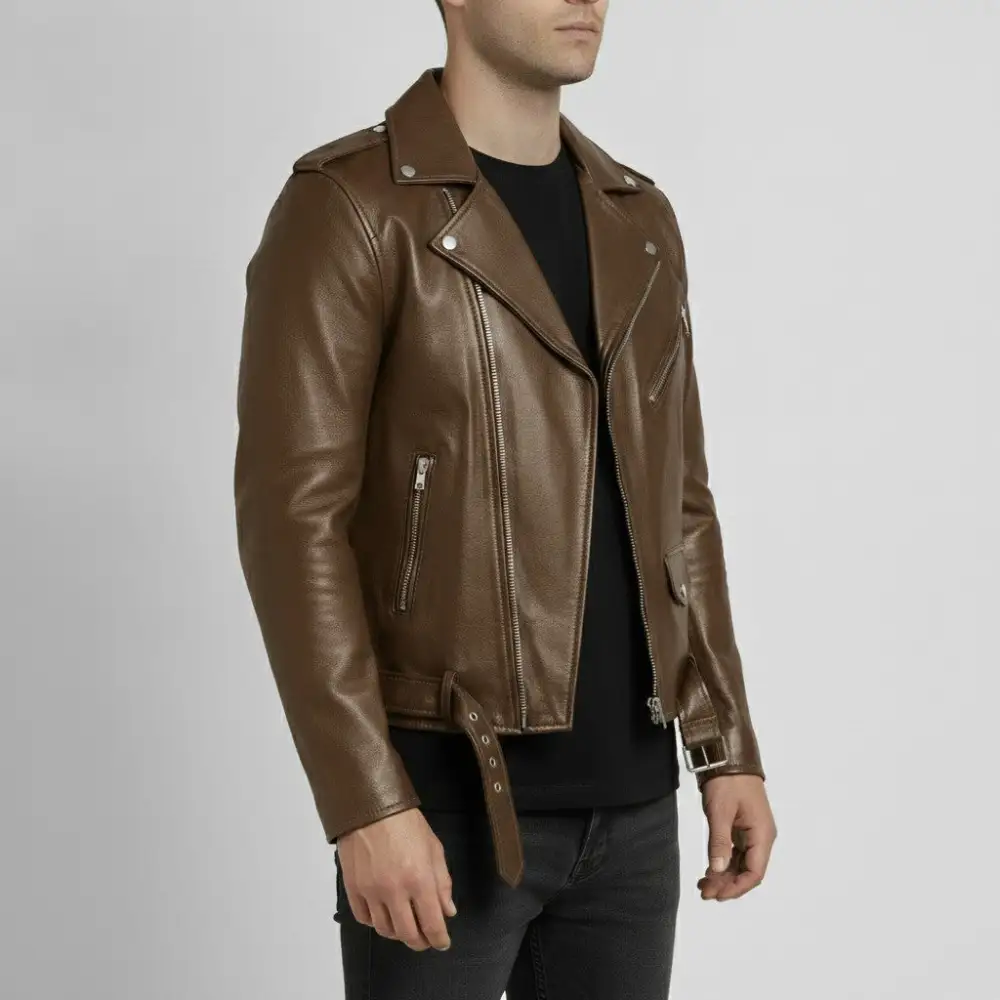 Classic Leather Biker Motorcycle Belted Jacket