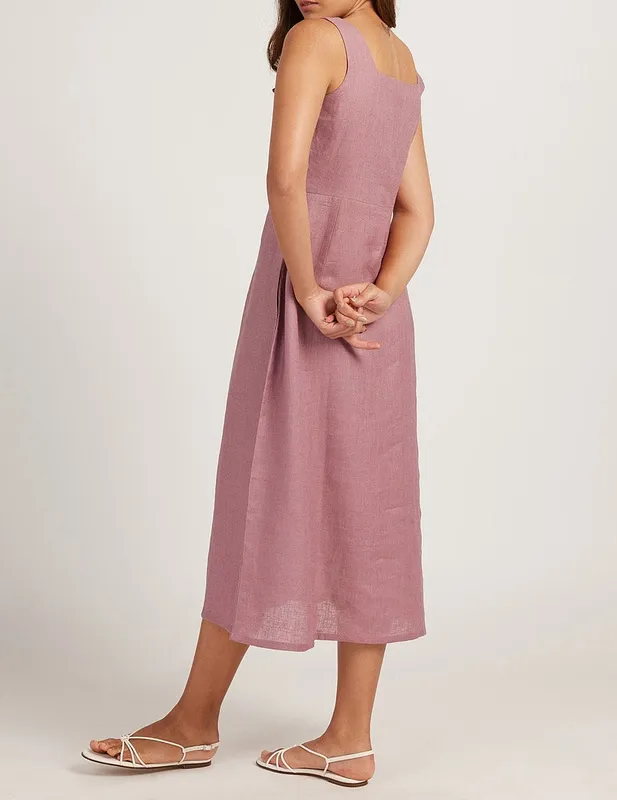 Dusty Pink Linen Square-Neck Midi Dress